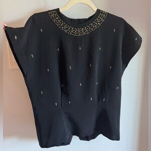Vintage 1940’s - 50’s Silky Black Bias Cut Short Sleeve Blouse w Rhinestones MED